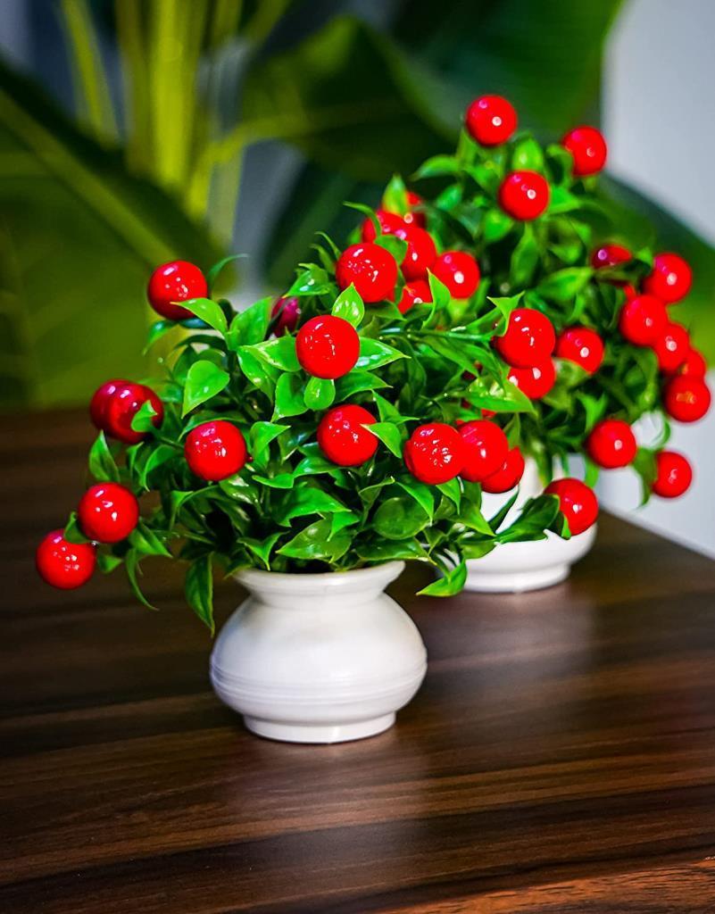 3lü Set Yapay Kiraz Demeti Yapay Çiçek 30*20cm Yeşil Yapraklı 