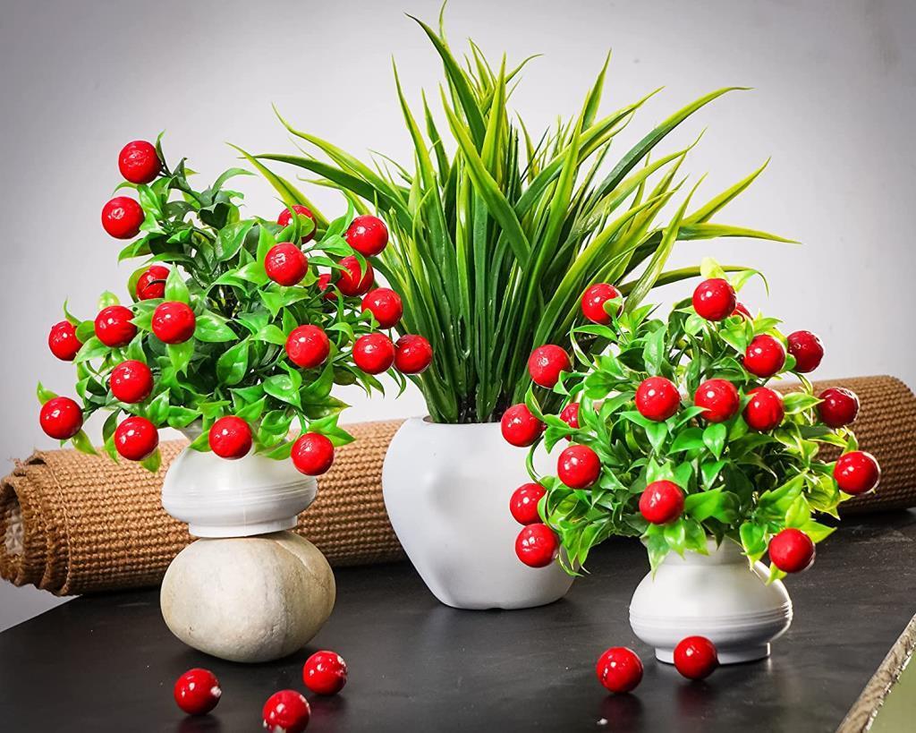 3lü Set Yapay Kiraz Demeti Yapay Çiçek 30*20cm Yeşil Yapraklı 