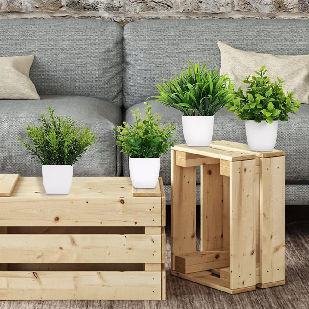 4lü Set Yapay Çiçek Beyaz Saksıda 4 Çeşit Yeşil Bitki