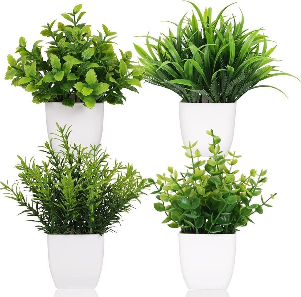 4lü Set Yapay Çiçek Beyaz Saksıda 4 Çeşit Yeşil Bitki