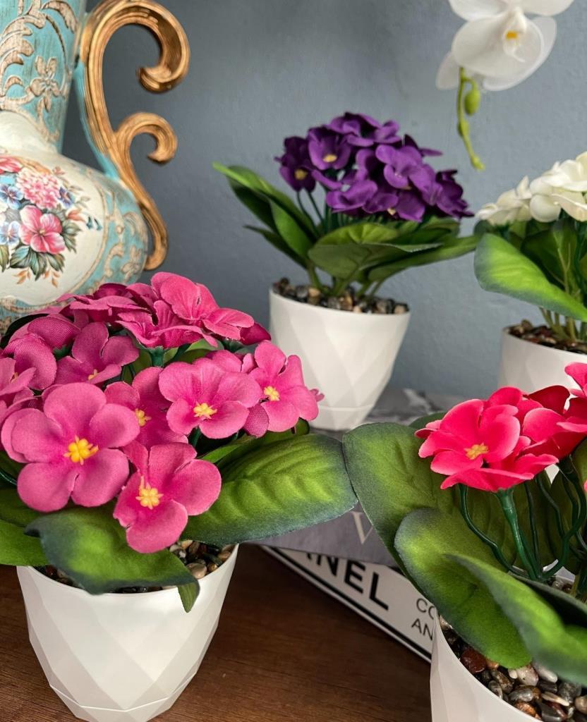 4lü Set Yapay Çiçek Kadife Menekşe Beyaz Saksıda Gerçekçi Doku  Karışık Renkli