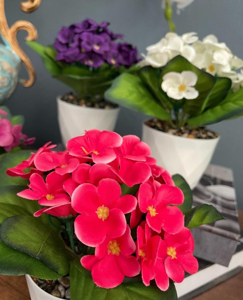 4lü Set Yapay Çiçek Kadife Menekşe Beyaz Saksıda Gerçekçi Doku  Karışık Renkli