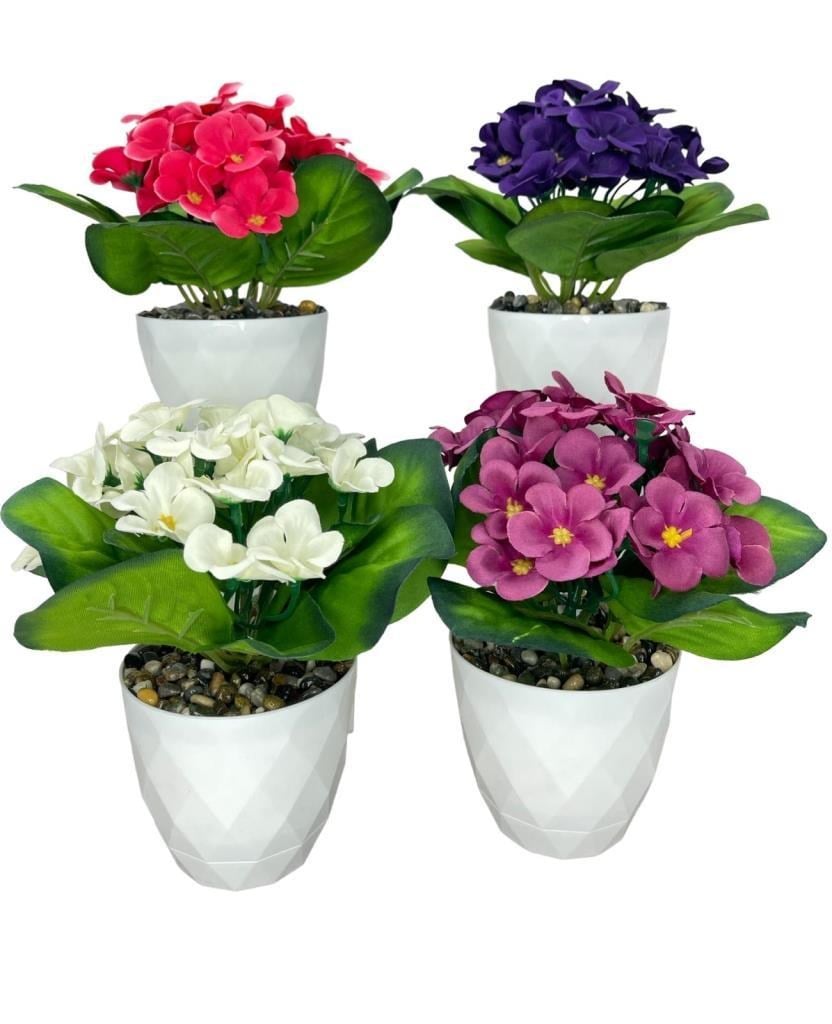 4lü Set Yapay Çiçek Kadife Menekşe Beyaz Saksıda Gerçekçi Doku  Karışık Renkli