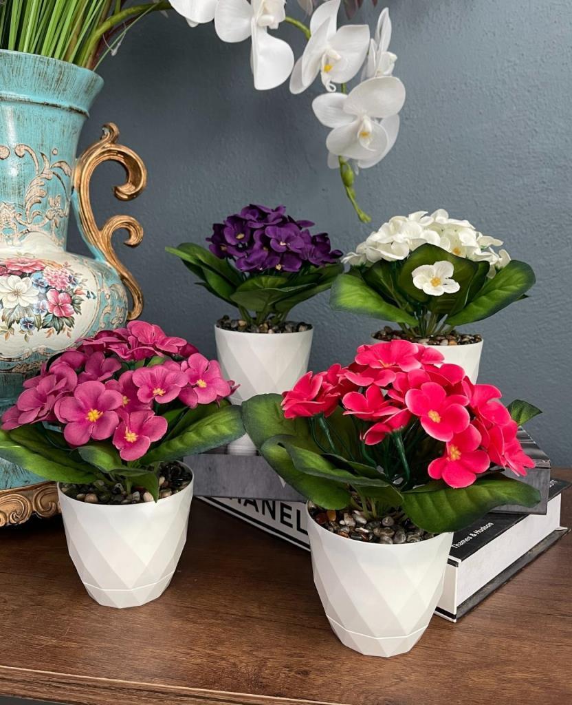 4lü Set Yapay Çiçek Kadife Menekşe Beyaz Saksıda Gerçekçi Doku  Karışık Renkli