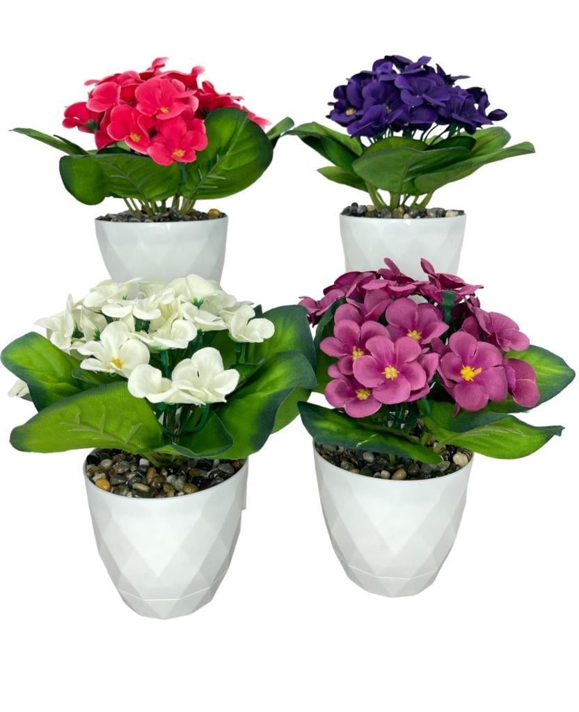 4lü Set Yapay Çiçek Kadife Menekşe Beyaz Saksıda Gerçekçi Doku  Karışık Renkli