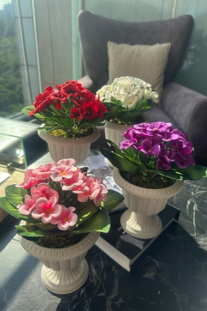4lü Set Yapay Çiçek Krem Antik Saksıda Karışık Renk Kadife Menekşe Gerçekçi Doku 22cm