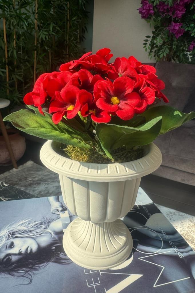 4lü Set Yapay Çiçek Krem Antik Saksıda Karışık Renk Kadife Menekşe Gerçekçi Doku 22cm