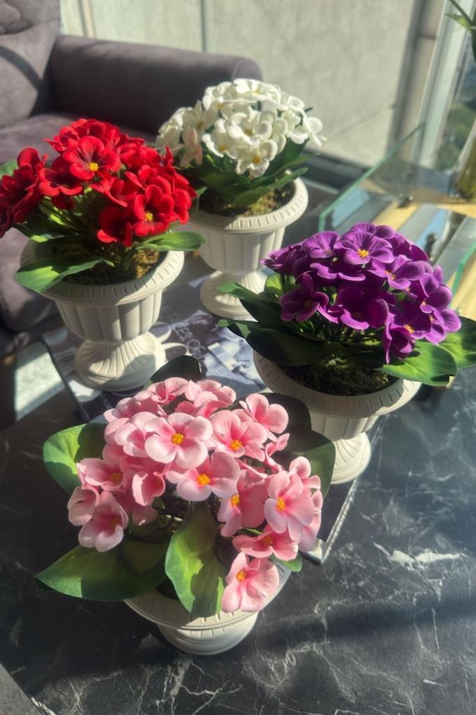 4lü Set Yapay Çiçek Krem Antik Saksıda Karışık Renk Kadife Menekşe Gerçekçi Doku 22cm