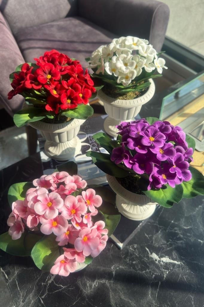 4lü Set Yapay Çiçek Krem Antik Saksıda Karışık Renk Kadife Menekşe Gerçekçi Doku 22cm