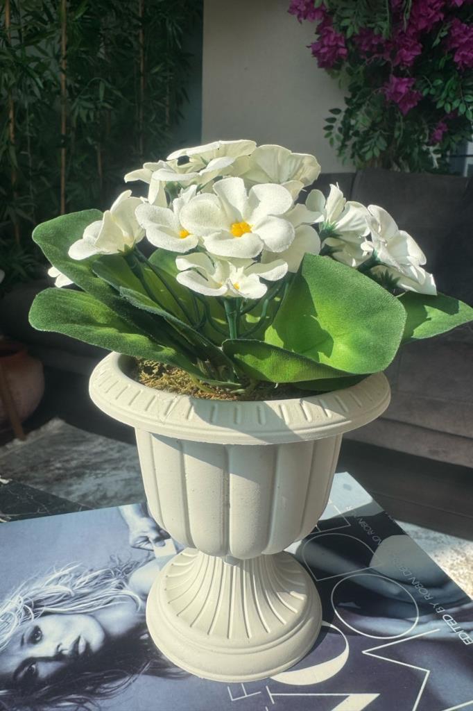 4lü Set Yapay Çiçek Krem Antik Saksıda Karışık Renk Kadife Menekşe Gerçekçi Doku 22cm