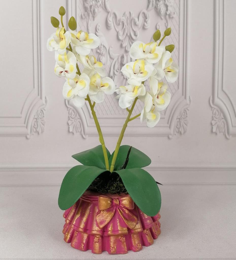 5 Adet Beton Saksılı Yapay Orkide Pileli Etek Saksılı Mini Yapay Orkide