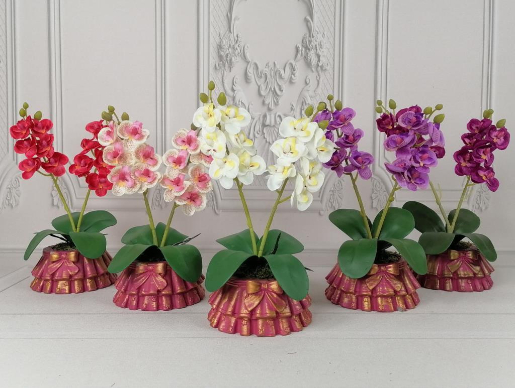 5 Adet Beton Saksılı Yapay Orkide Pileli Etek Saksılı Mini Yapay Orkide