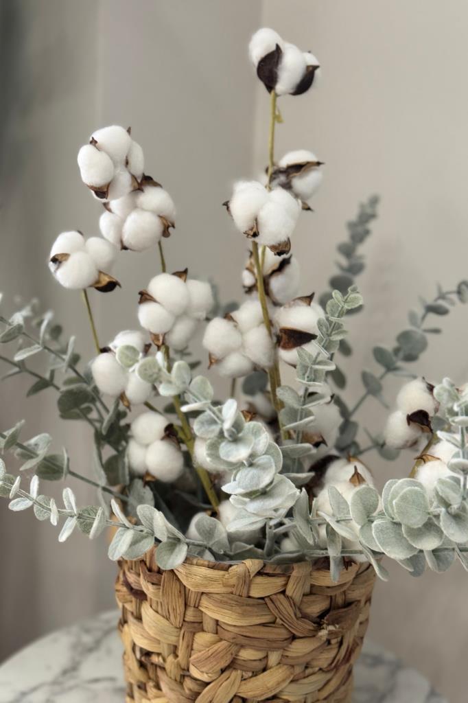 5li set Doğal Pamuk Ve Okaliptus Çiçeği Kuru Çiçek Yapay Çiçek 3+2 Mix  