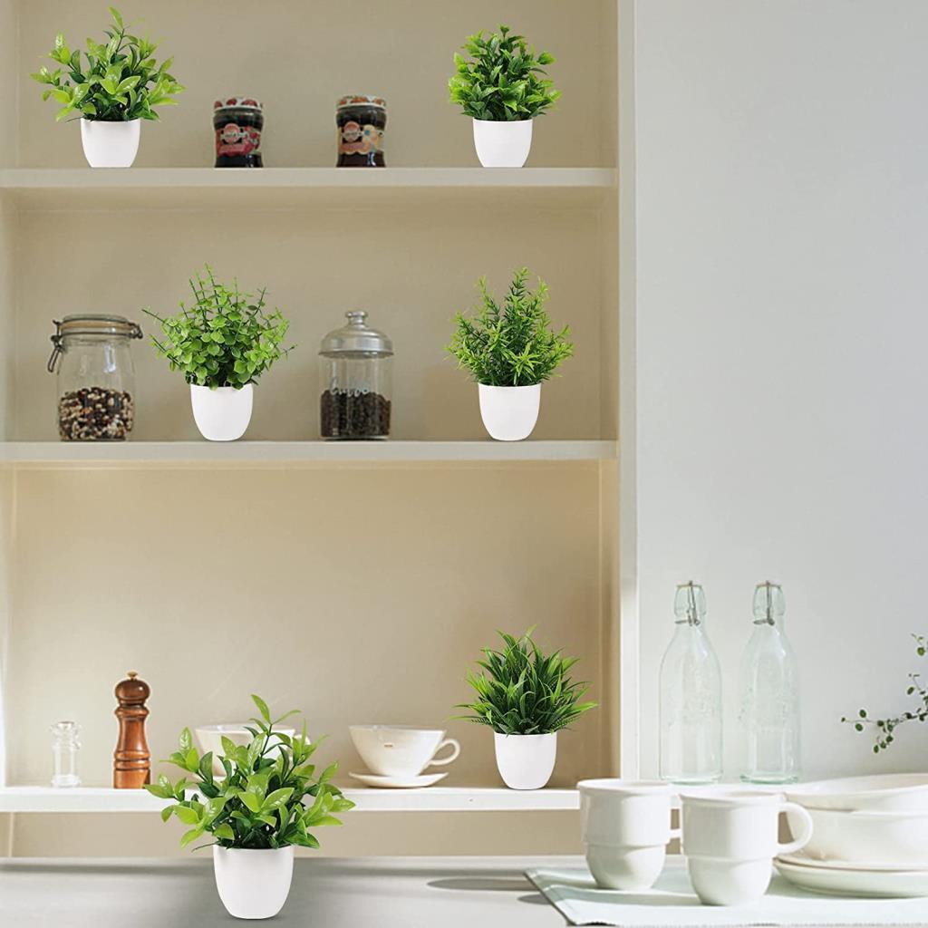 6lı Set Yapay Çiçek Beyaz Saksıda 6 Çeşit Yeşil Bitki