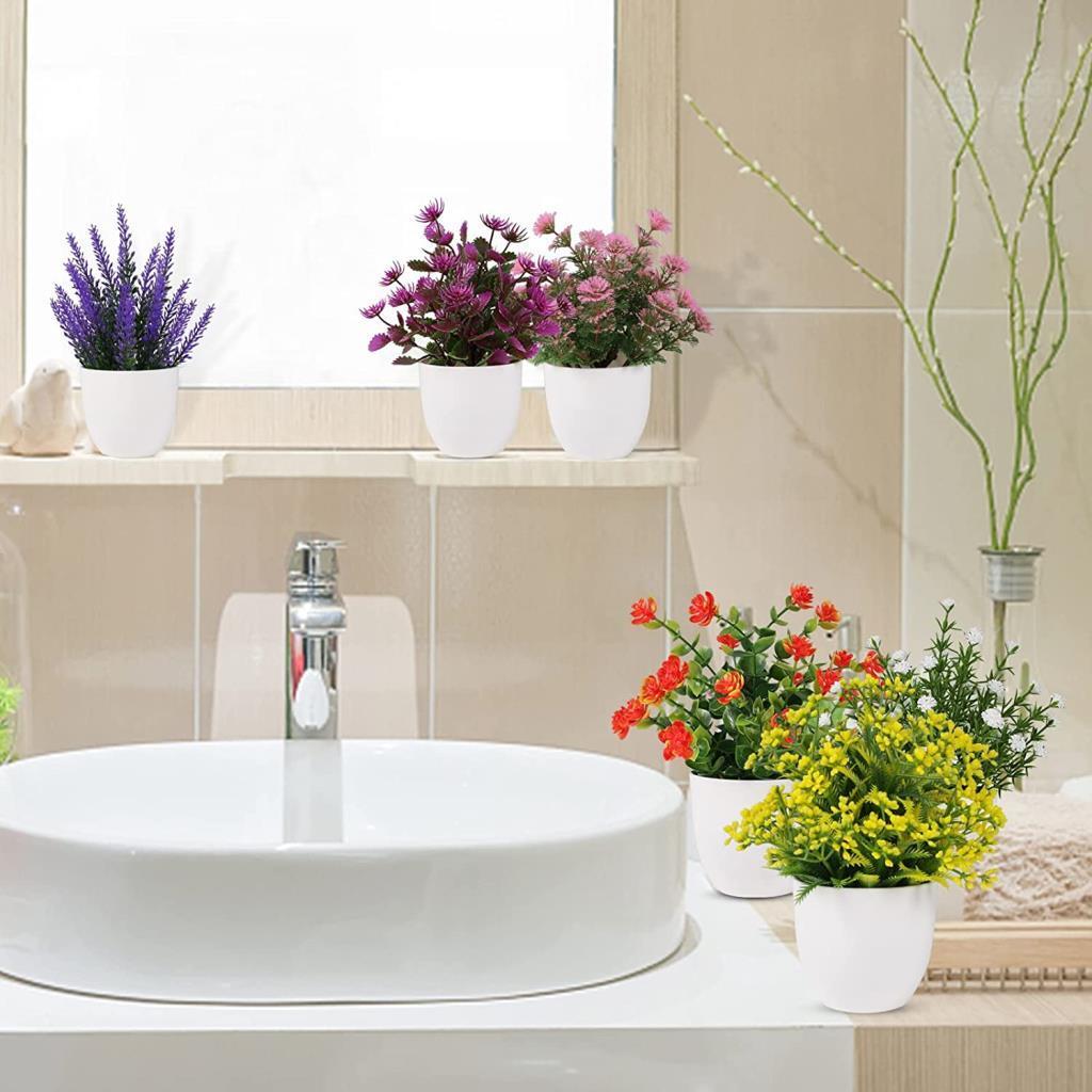 6lı Set Yapay Çiçek Beyaz Saksıda 6 Çeşit Renkli Çiçekler