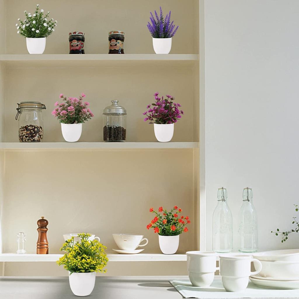 6lı Set Yapay Çiçek Beyaz Saksıda 6 Çeşit Renkli Çiçekler