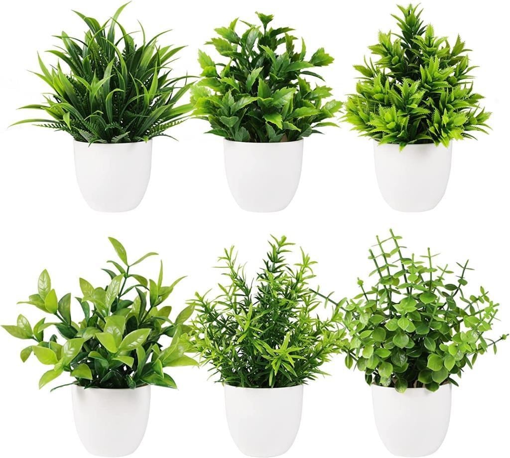 6lı Set Yapay Çiçek Beyaz Saksıda 6 Çeşit Yeşil Bitki