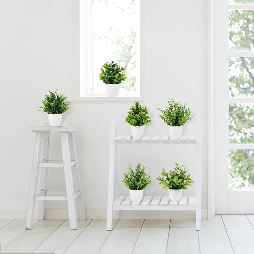 6lı Set Yapay Çiçek Beyaz Saksıda 6 Çeşit Yeşil Bitki