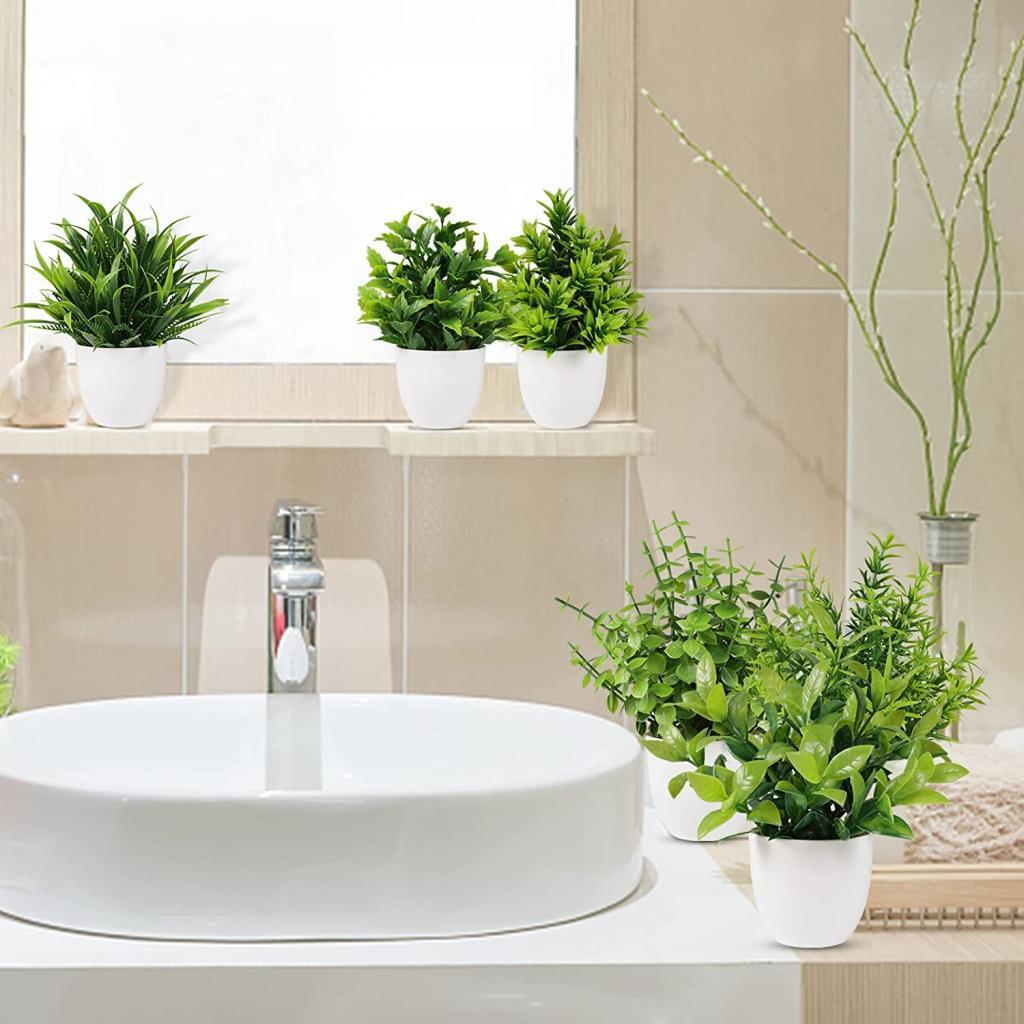 6lı Set Yapay Çiçek Beyaz Saksıda 6 Çeşit Yeşil Bitki