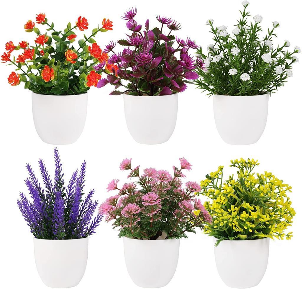 6lı Set Yapay Çiçek Beyaz Saksıda 6 Çeşit Renkli Çiçekler