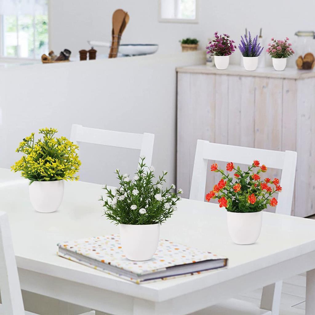 6lı Set Yapay Çiçek Beyaz Saksıda 6 Çeşit Renkli Çiçekler
