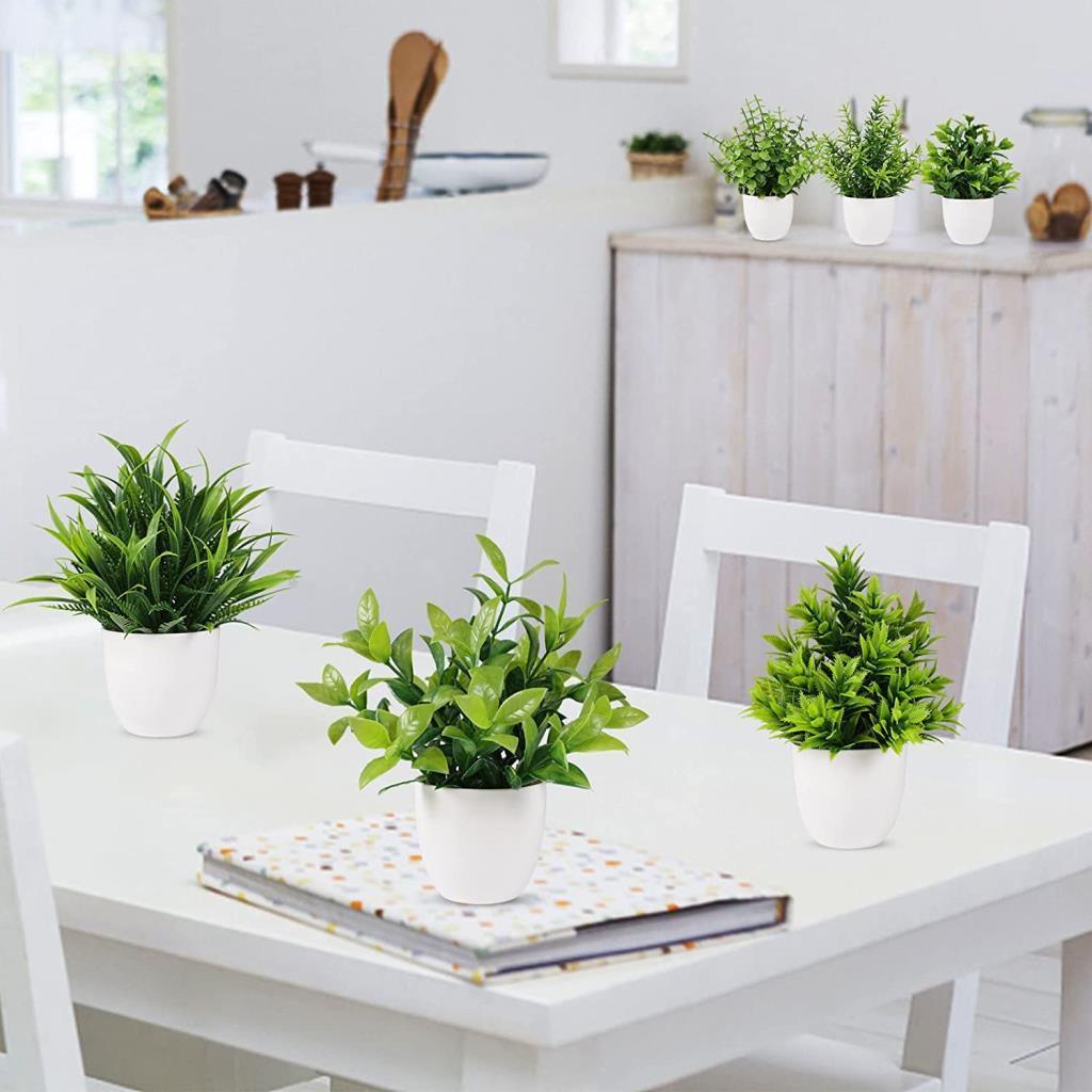 6lı Set Yapay Çiçek Beyaz Saksıda 6 Çeşit Yeşil Bitki