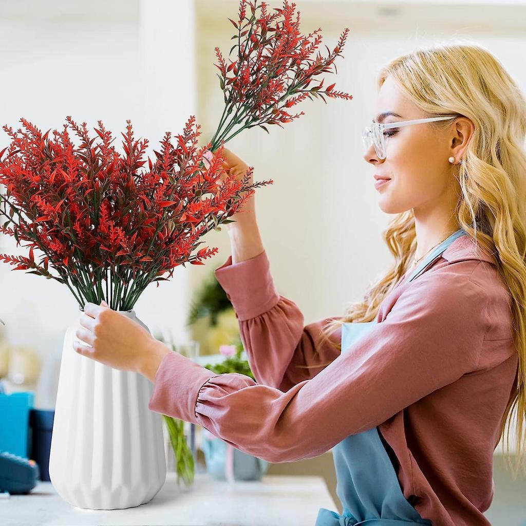 6lı Set Yapay Çiçek Kırmızı Lavanta 7 Dallı Plastik Dekoratif Yapay Bitki