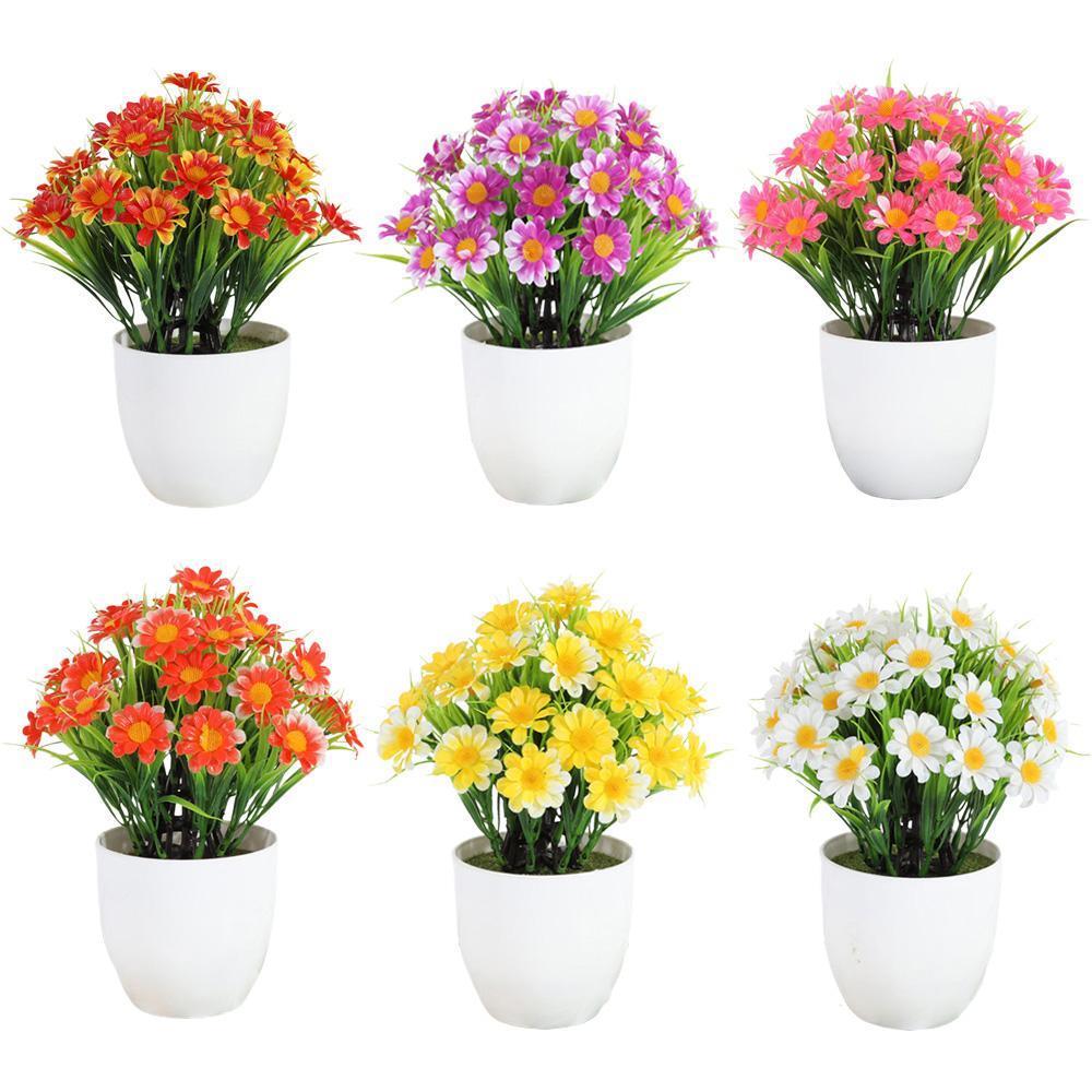 6lı Set Yapay Çiçek Papatya Beyaz Saksıda Karışık Renkler