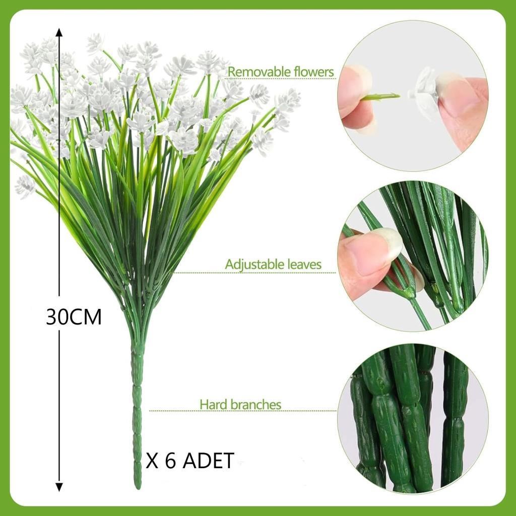 6lı Set Yapay Çiçek Sazlı Lotus Beyaz Renk 7 Dal Plastik  30cm 
