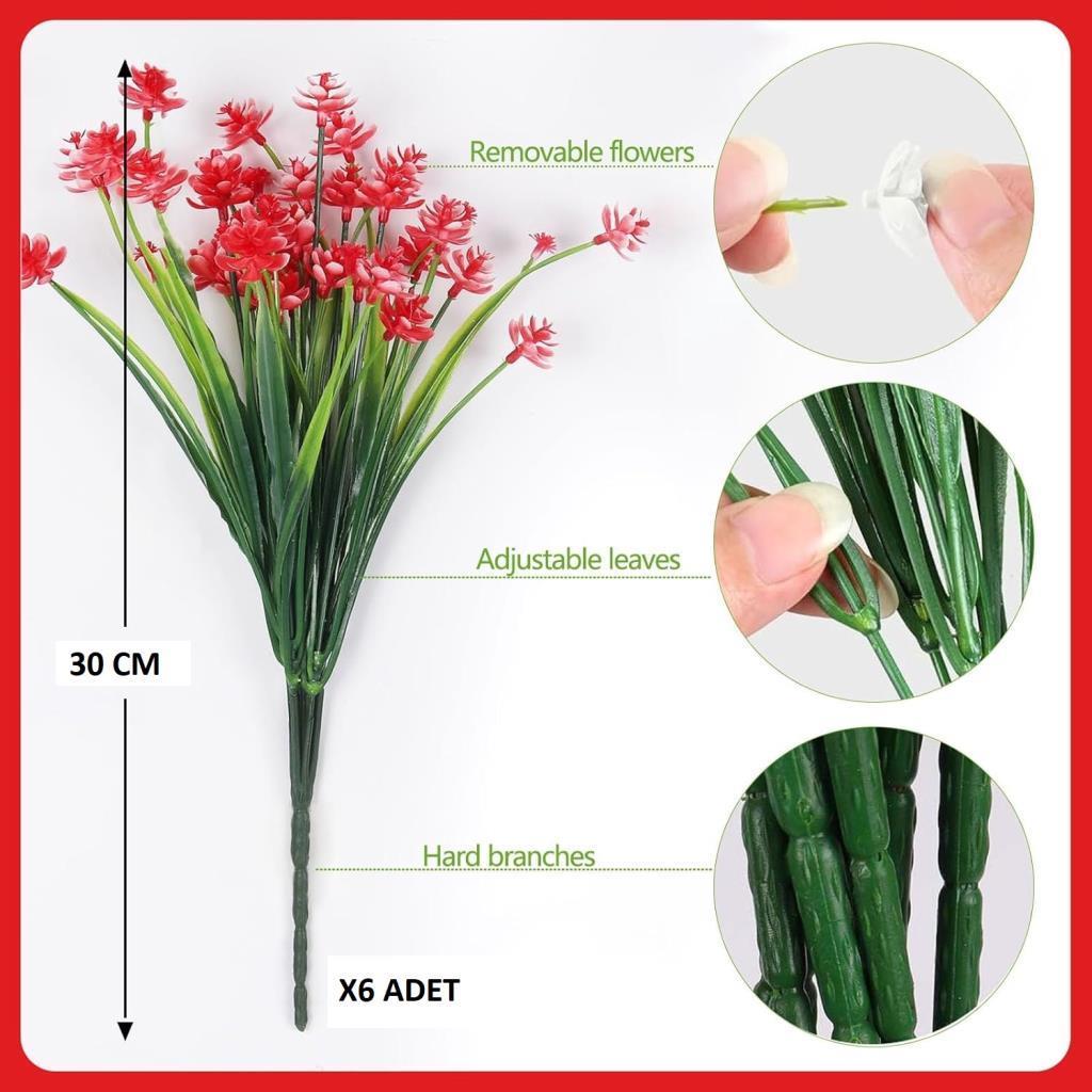 6lı Set Yapay Çiçek Sazlı Lotus Kırmızı Renk 7 Dal Plastik  30cm 