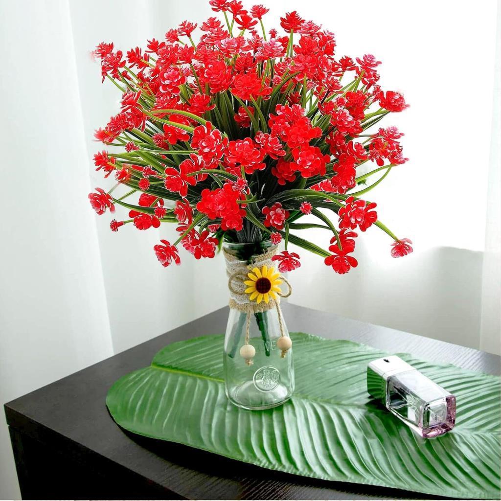 6lı Set Yapay Çiçek Sazlı Lotus Kırmızı Renk 7 Dal Plastik  30cm 