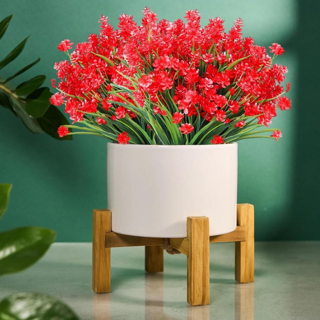 6lı Set Yapay Çiçek Sazlı Lotus Kırmızı Renk 7 Dal Plastik  30cm 