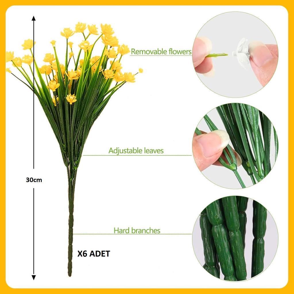 6lı Set Yapay Çiçek Sazlı Lotus Sarı Renk 7 Dal Plastik  30cm 