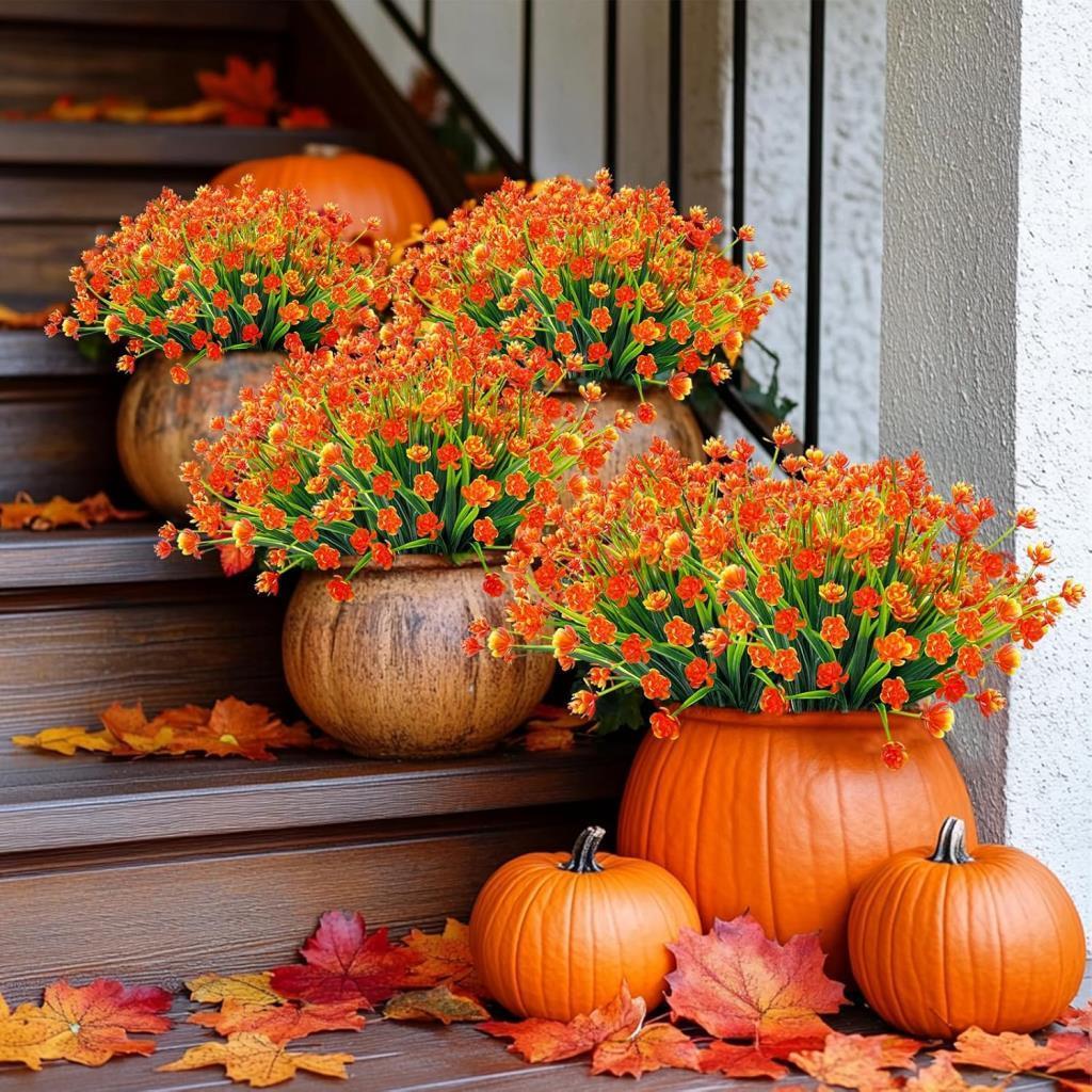 6lı Set Yapay Çiçek Sazlı Lotus Turuncu Renk 7 Dal Plastik  30cm 