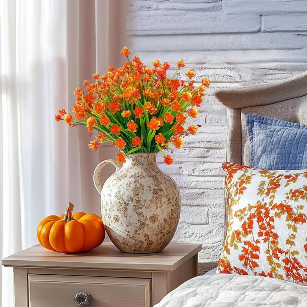 6lı Set Yapay Çiçek Sazlı Lotus Turuncu Renk 7 Dal Plastik  30cm 
