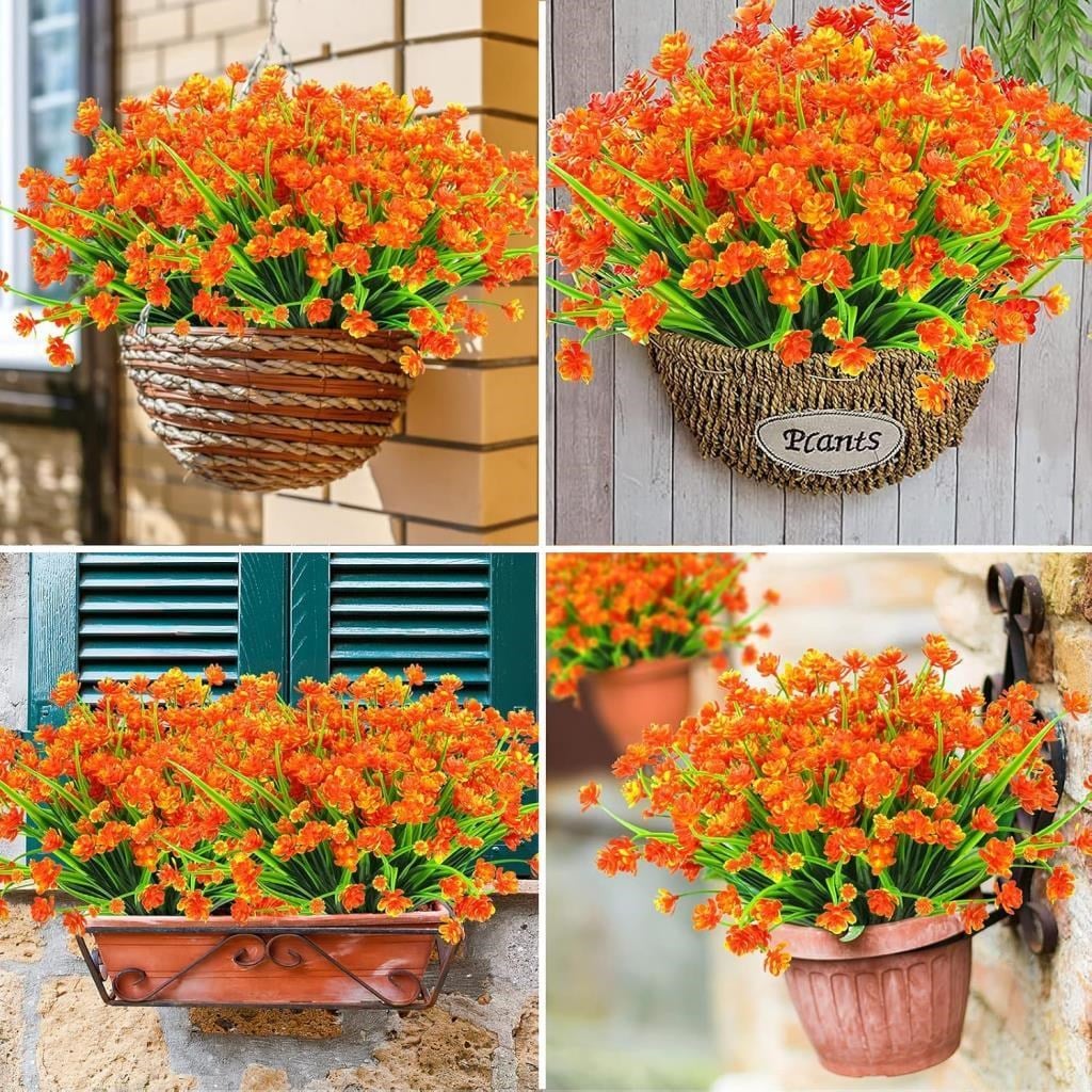6lı Set Yapay Çiçek Sazlı Lotus Turuncu Renk 7 Dal Plastik  30cm 