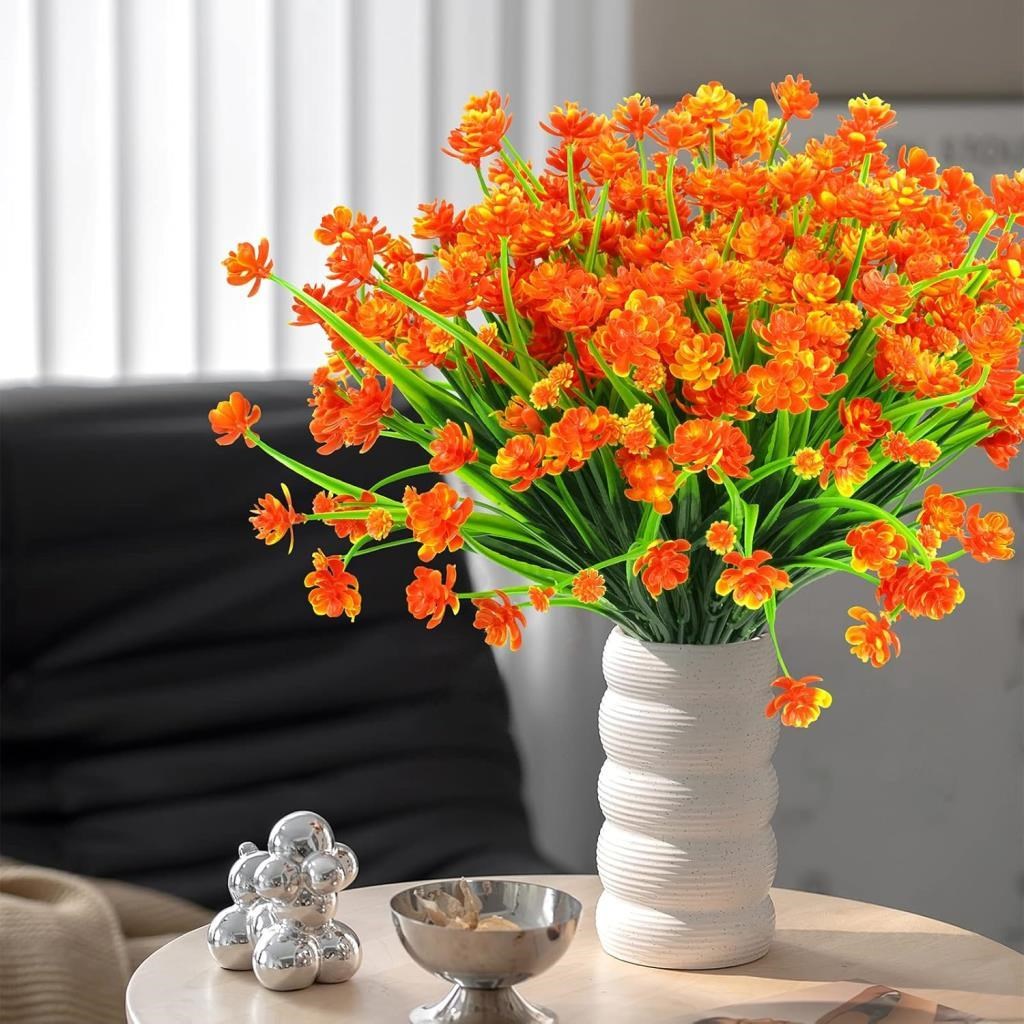 6lı Set Yapay Çiçek Sazlı Lotus Turuncu Renk 7 Dal Plastik  30cm 
