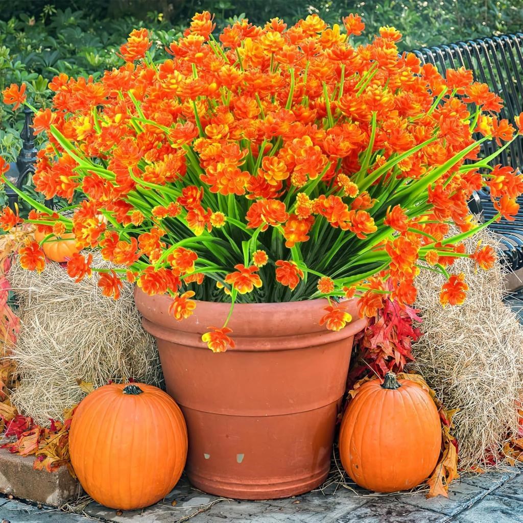 6lı Set Yapay Çiçek Sazlı Lotus Turuncu Renk 7 Dal Plastik  30cm 