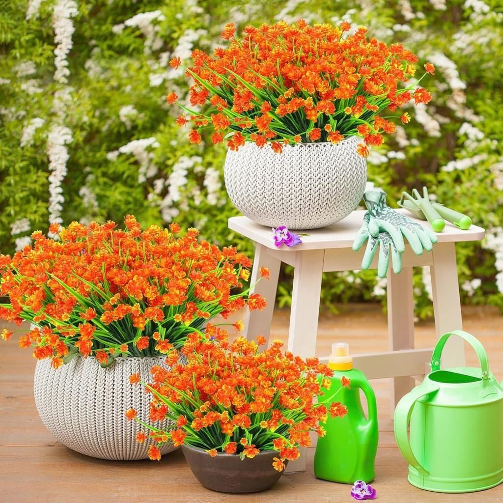 6lı Set Yapay Çiçek Sazlı Lotus Turuncu Renk 7 Dal Plastik  30cm 
