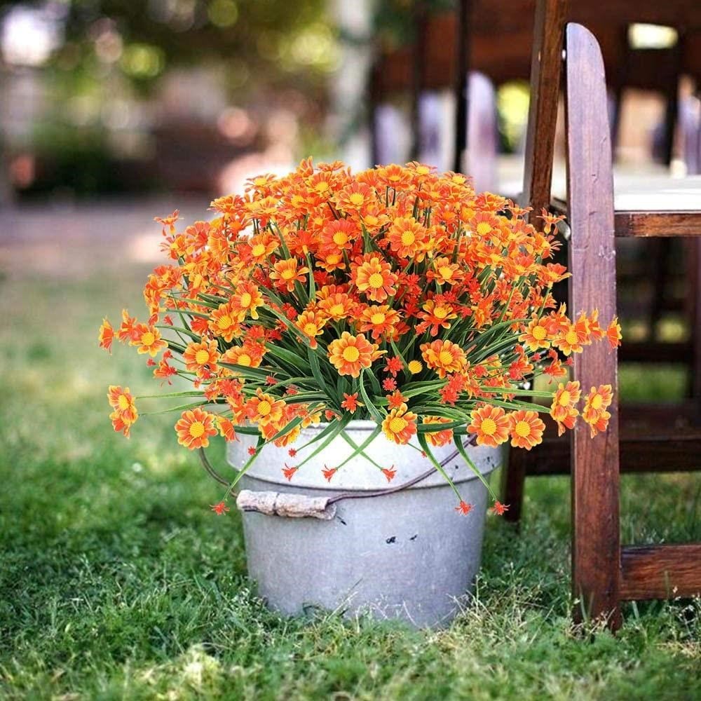 6lı Set Yapay Çiçek Turuncu Papatya 7 Dallı Plastik Dekoratif Yapay Bitki