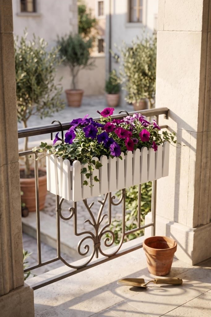 Balkon Saksısı Çit Saksı BEYAZ Renk Metal Askı Aparatlı Dekoratif Balkon Saksı 9lt  53cm ib02