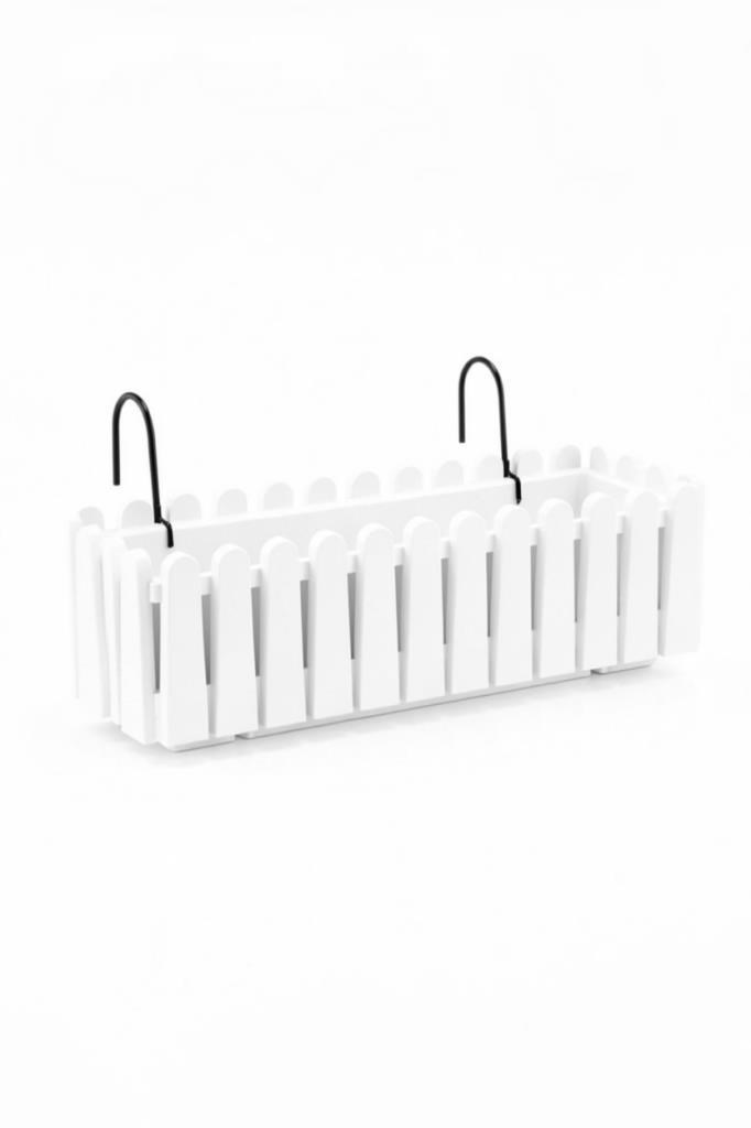 Balkon Saksısı Çit Saksı BEYAZ Renk Metal Askı Aparatlı Dekoratif Balkon Saksı 9lt  53cm ib02