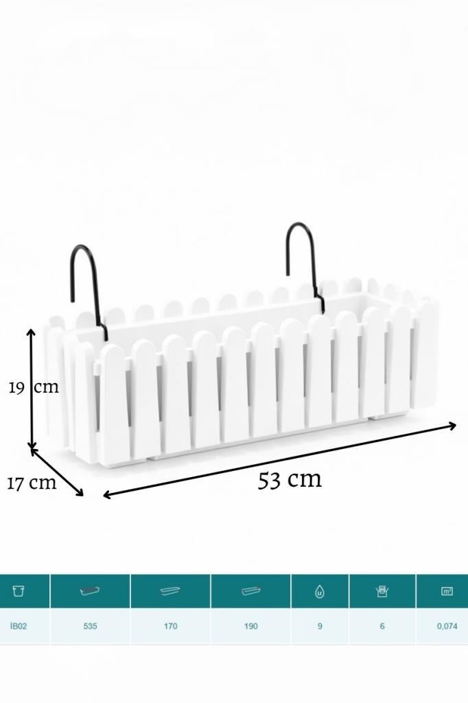 Balkon Saksısı Çit Saksı BEYAZ Renk Metal Askı Aparatlı Dekoratif Balkon Saksı 9lt  53cm ib02