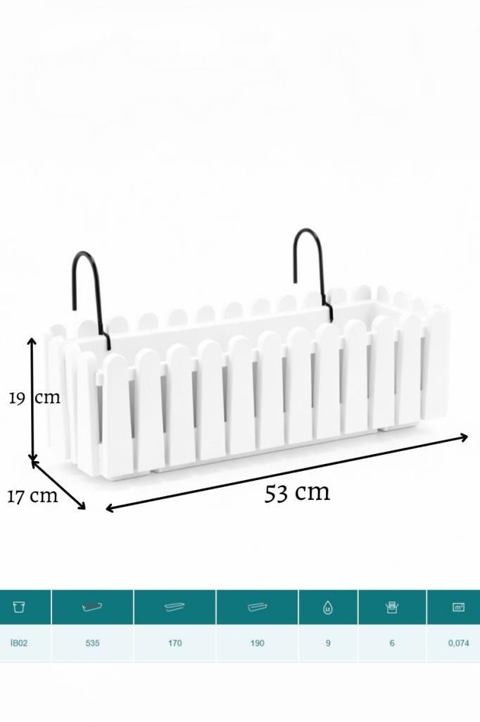 Balkon Saksısı Çit Saksı BEYAZ Renk Metal Askı Aparatlı Dekoratif Balkon Saksı 9lt  53cm ib02