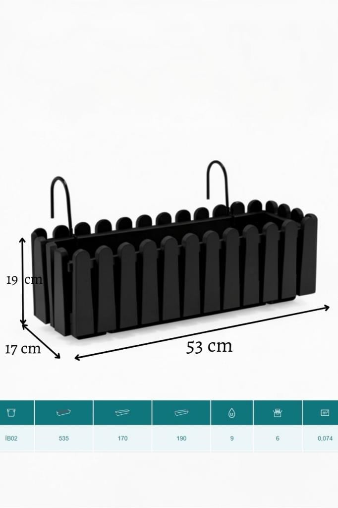 Balkon Saksısı Çit Saksı SİYAH Renk Metal Askı Aparatlı Dekoratif Balkon Saksı 9lt  53cm ib02