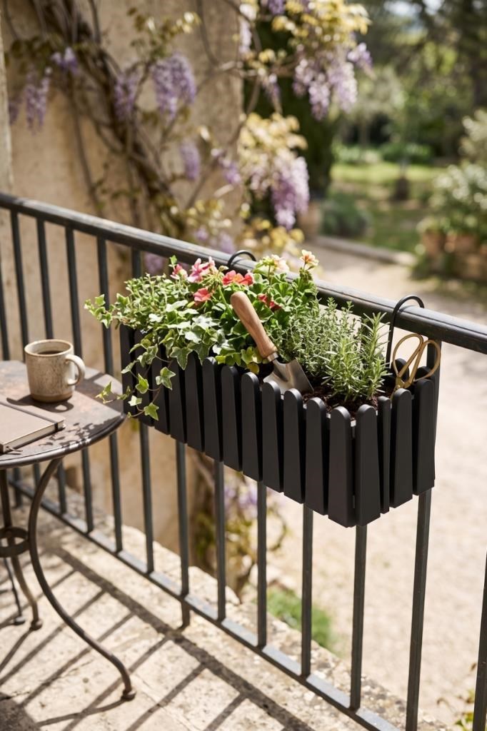 Balkon Saksısı Çit Saksı SİYAH Renk Metal Askı Aparatlı Dekoratif Balkon Saksı 9lt  53cm ib02