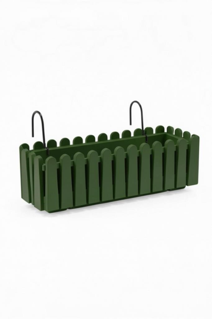 Balkon Saksısı Çit Saksı YEŞİL Renk Metal Askı Aparatlı Dekoratif Balkon Saksı 9lt  53cm ib02