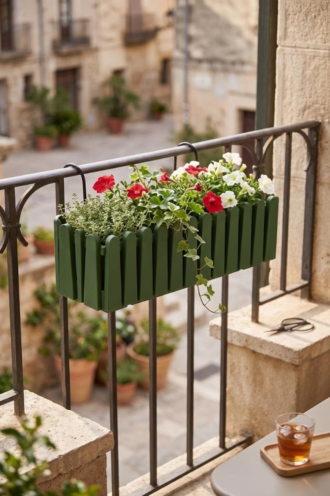 Balkon Saksısı Çit Saksı YEŞİL Renk Metal Askı Aparatlı Dekoratif Balkon Saksı 9lt  53cm ib02