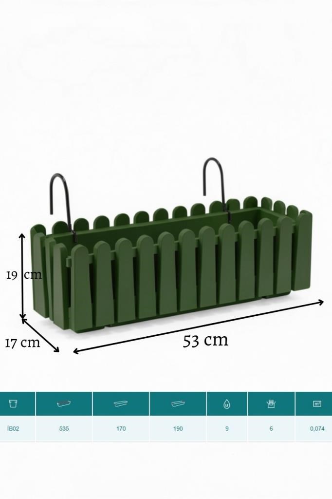 Balkon Saksısı Çit Saksı YEŞİL Renk Metal Askı Aparatlı Dekoratif Balkon Saksı 9lt  53cm ib02