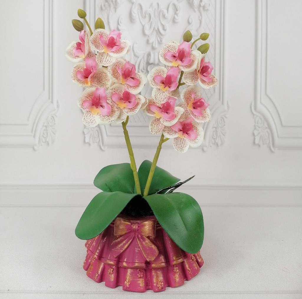 Beton Saksılı Yapay Orkide Pileli Etek Saksılı Pembe Açık Mini Yapay Orkide